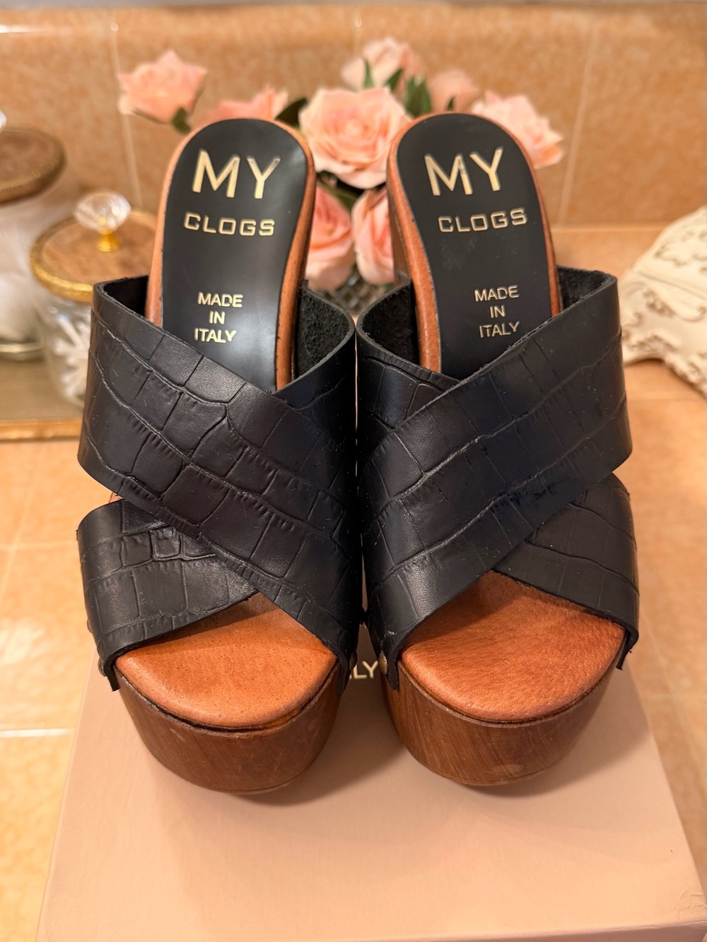 MY Clogs Women's Black Croc-Embossed Leather Platform Clogs